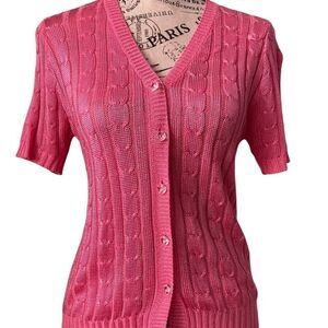 Vintage One on One Ribbed Knit Short Sleeve Front Button Sweater in Size